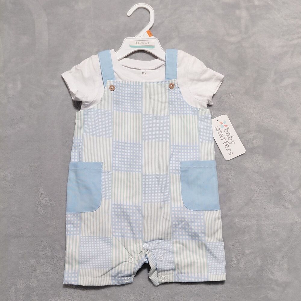 Baby Starters 2-Piece Romper Set 12M NWT White Shirt Blue Plaid Overalls Outfit